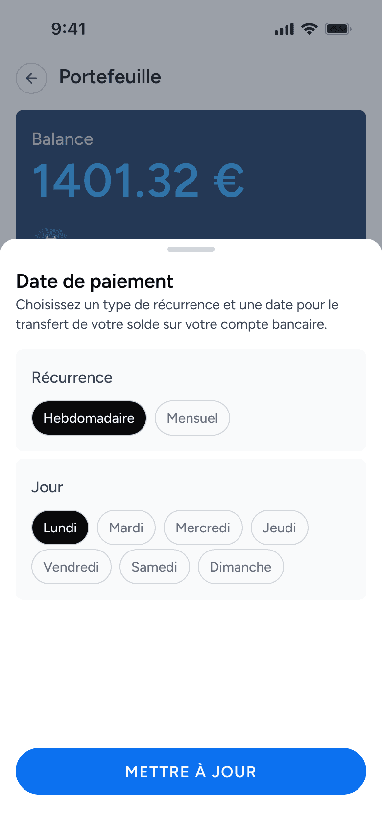 Portefeuille et virement hebdomadaire dans l'app Up! Driver
